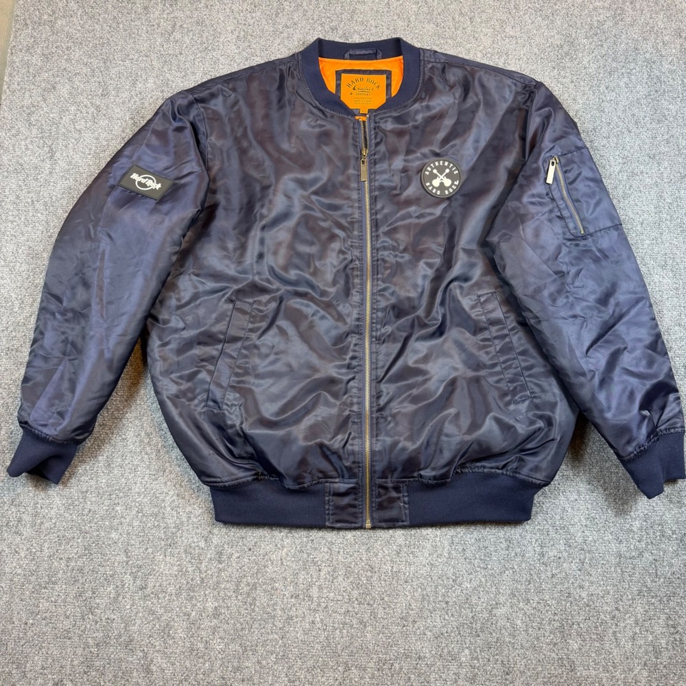 Hard Rock Guitar Company Navy Blue Bomber Jacket Orange Lining Mens XL RN0100610